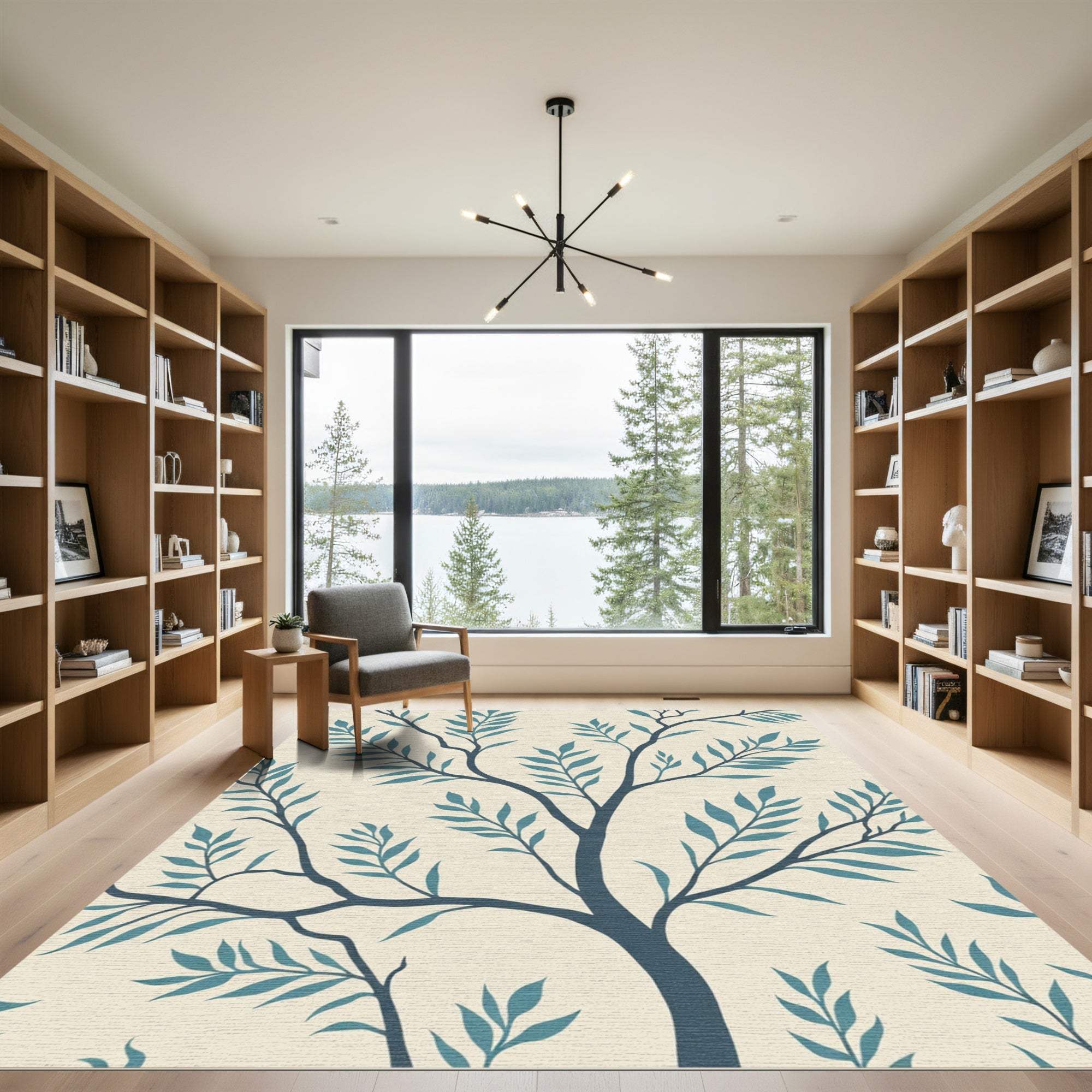 Teal Branch Foliage on Cream Background Rug