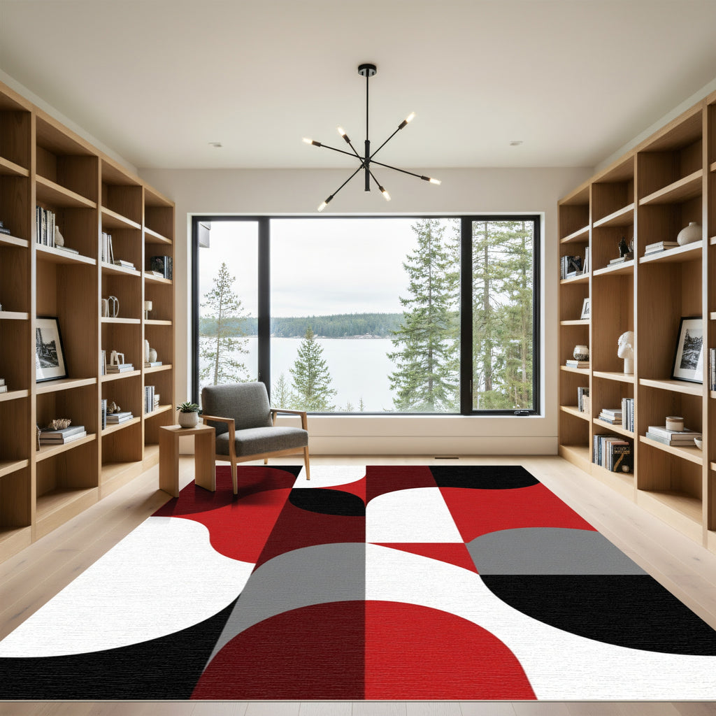 Crimson Black White Geometric Blocks Rug