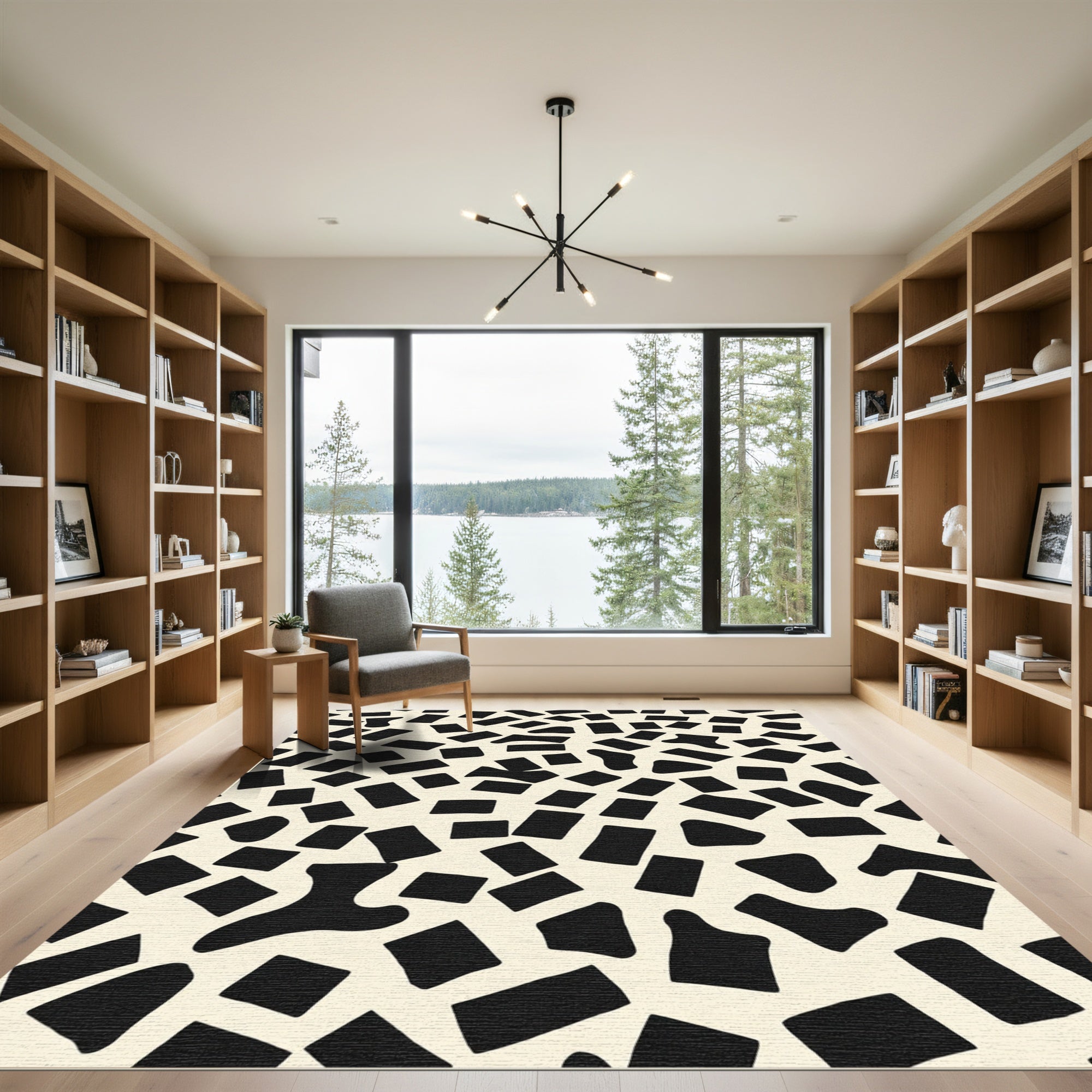 Abstract Black Ivory Scattered Shapes Rug