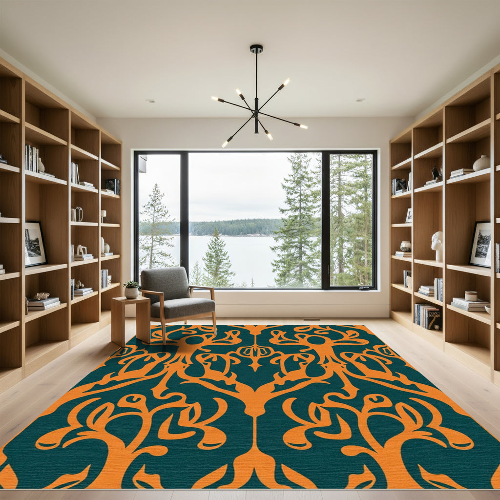 Orange Teal Organic Tree Scroll Rug