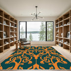Orange Teal Organic Tree Scroll Rug