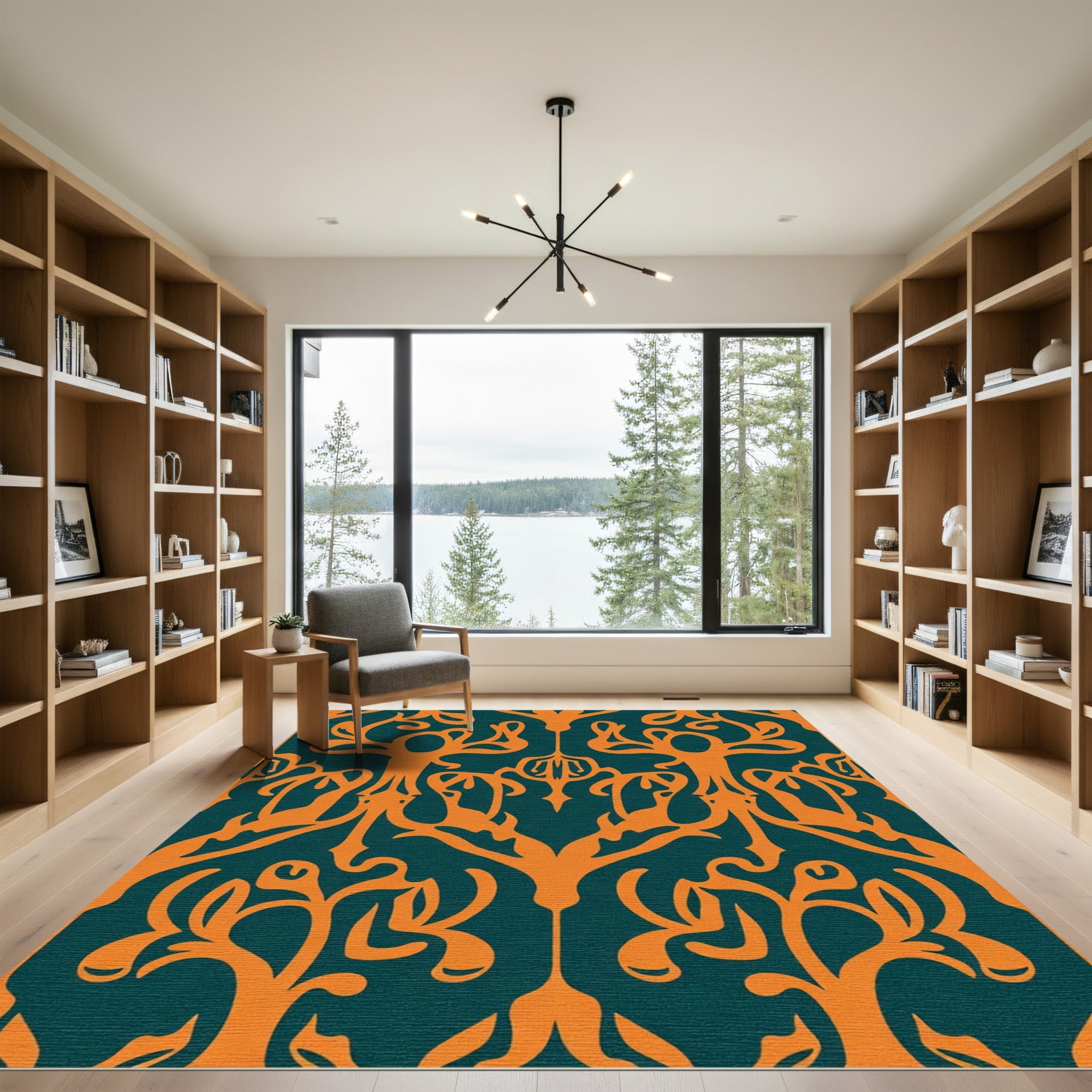 Orange Teal Organic Tree Scroll Rug