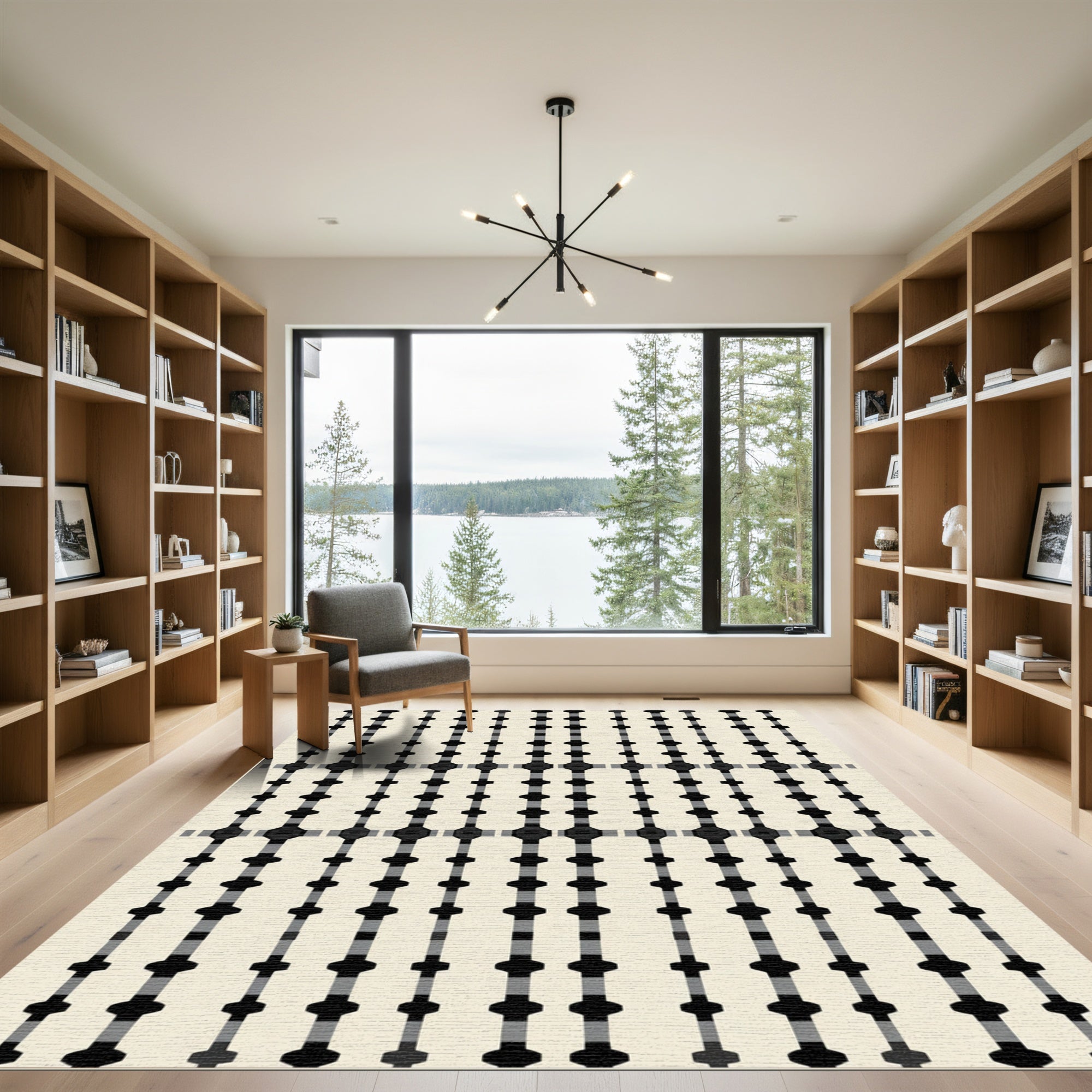 Black Gray Interlocking Geometric Grid Rug