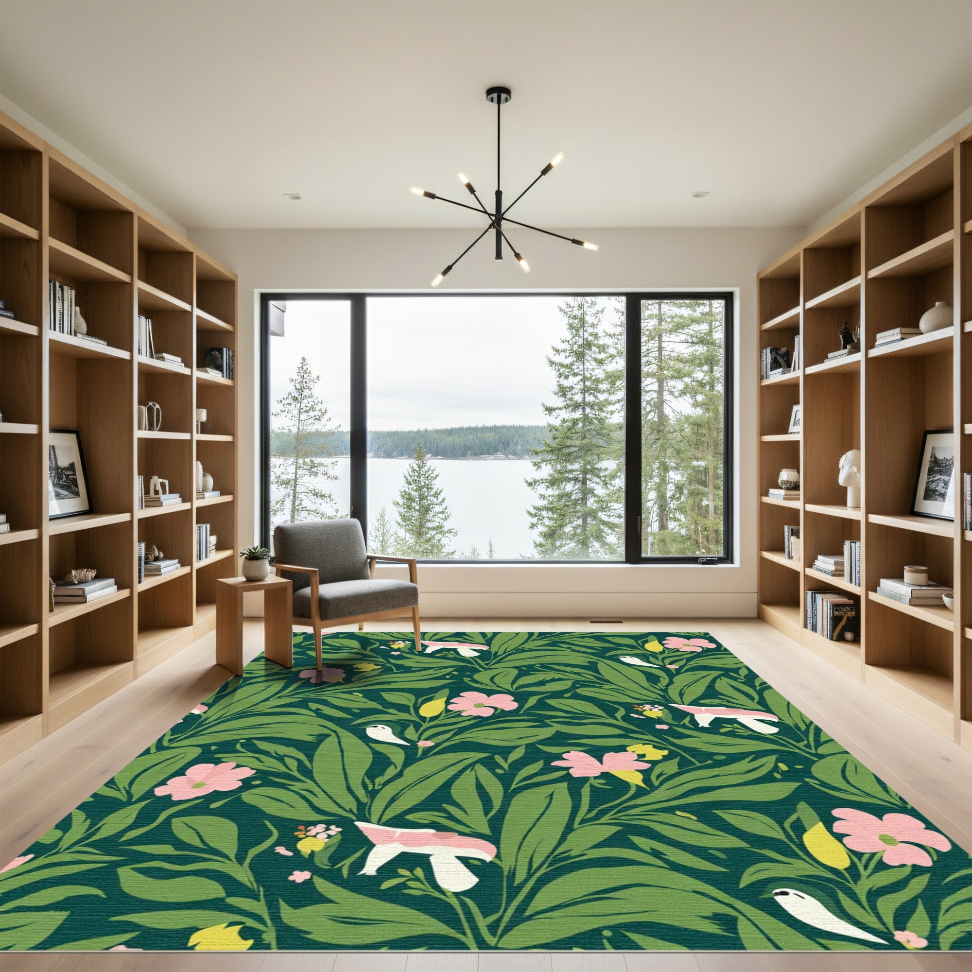 Whimsical Pink Floral Green Leaf Birds Rug