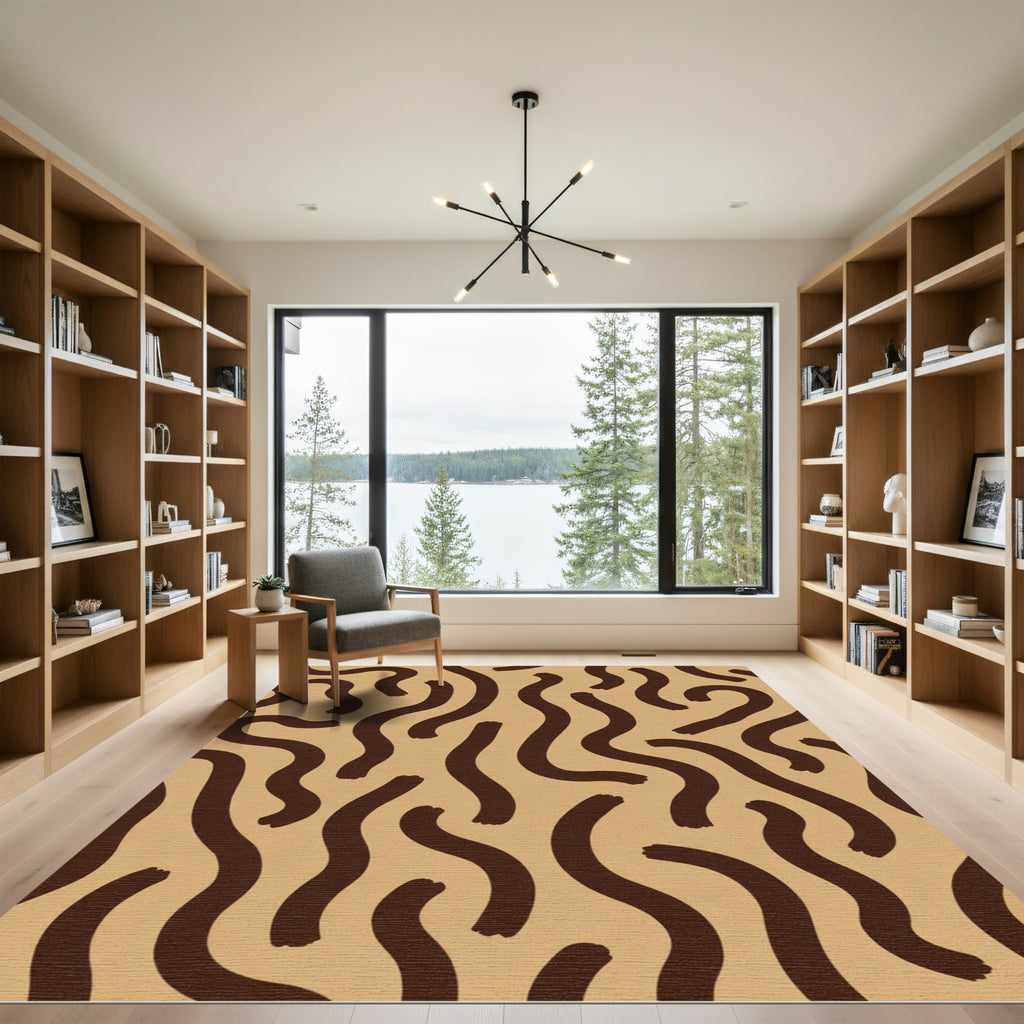 Brown Wavy Lines Tan Background Rug