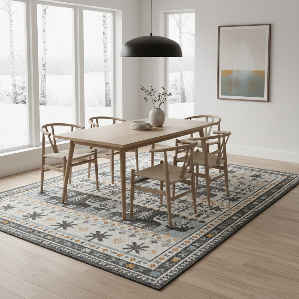 Dining room with an 8 by 10 rug