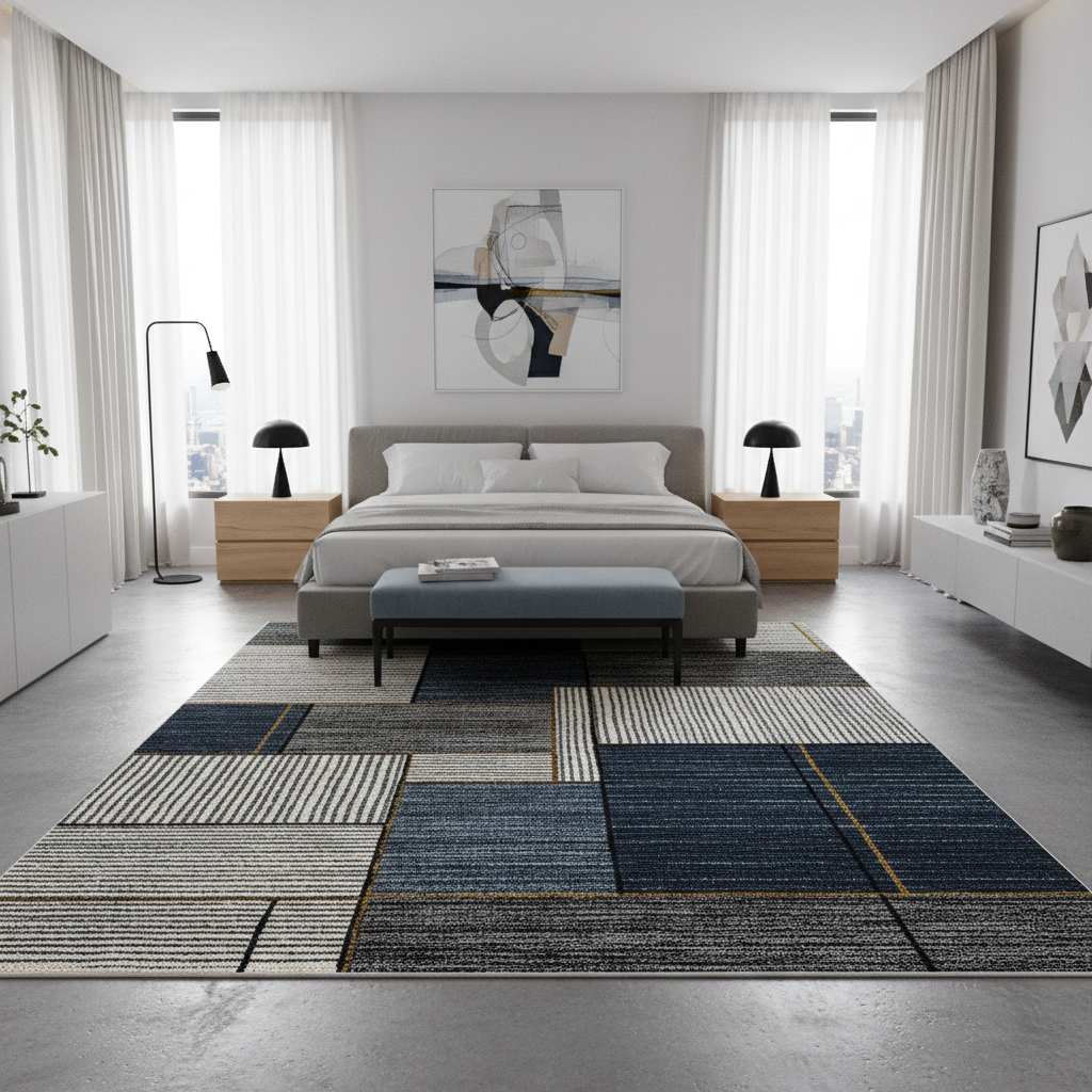 Bedroom with an 8 by 10 rug