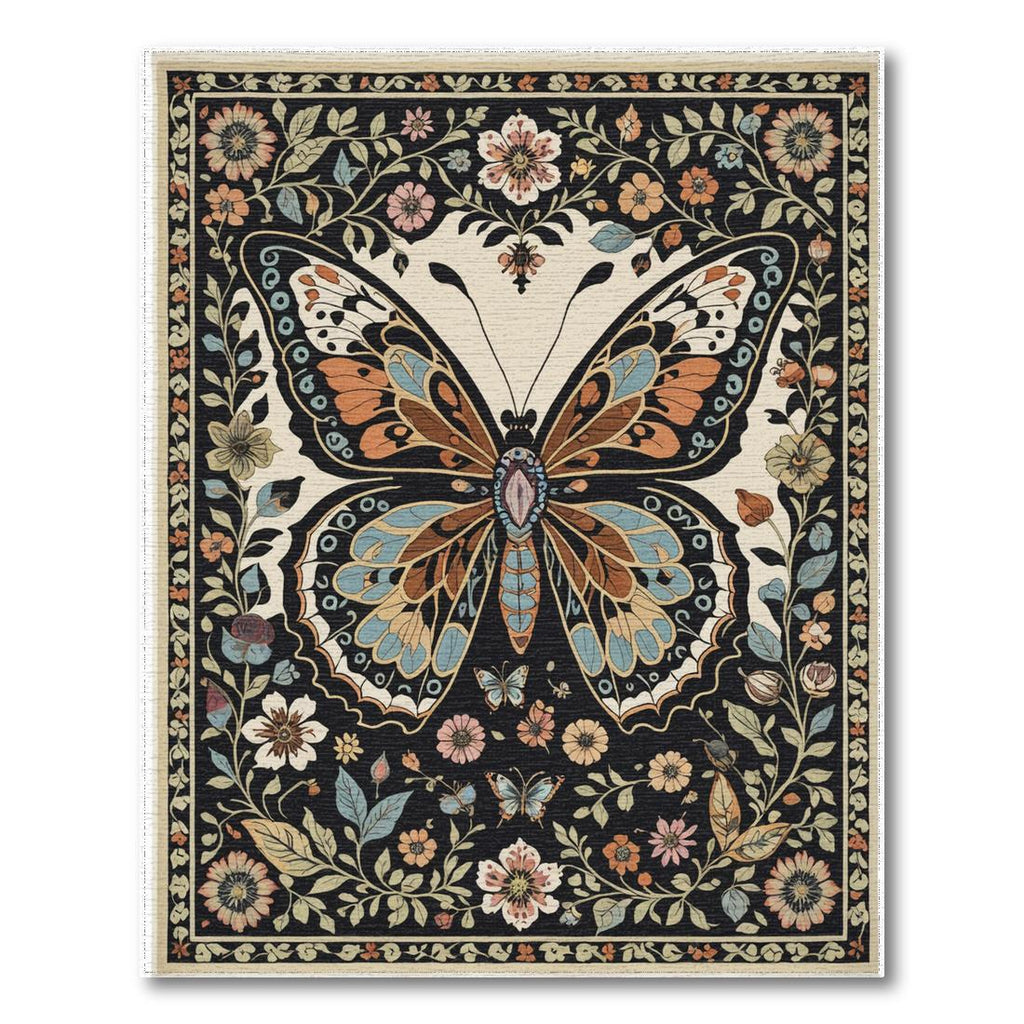 Black Butterfly Floral Whimsical Rug(Black)