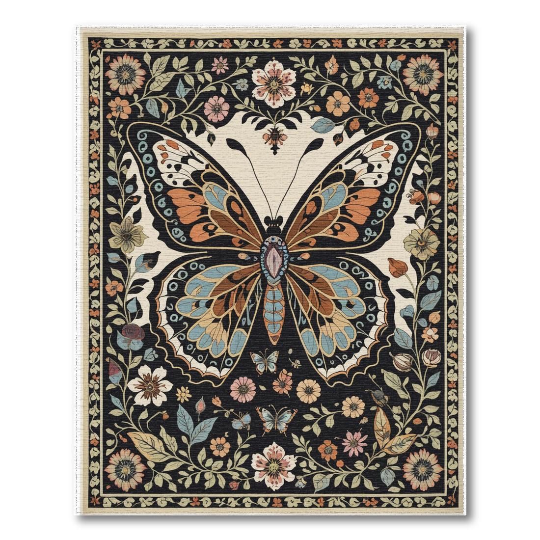 Black Butterfly Floral Whimsical Rug(Black)