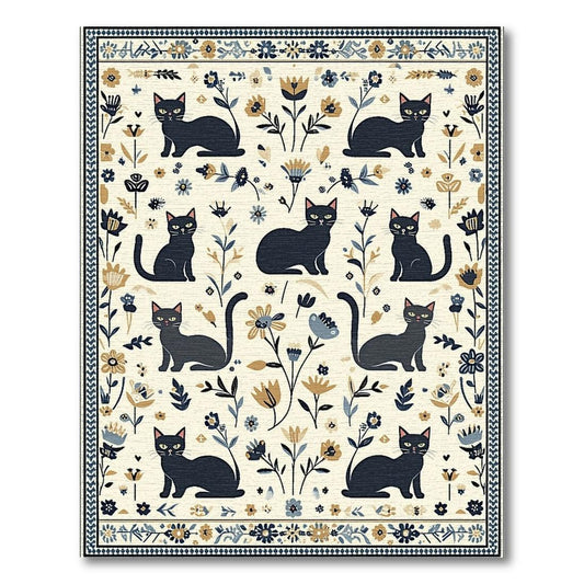 Black Cat Floral Whimsical Rug(Black)