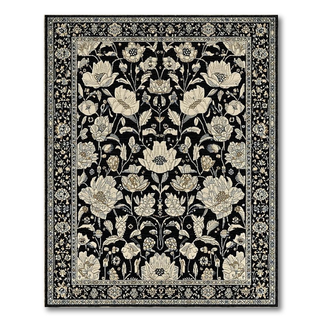 Black Floral Elegant Rug(Black)