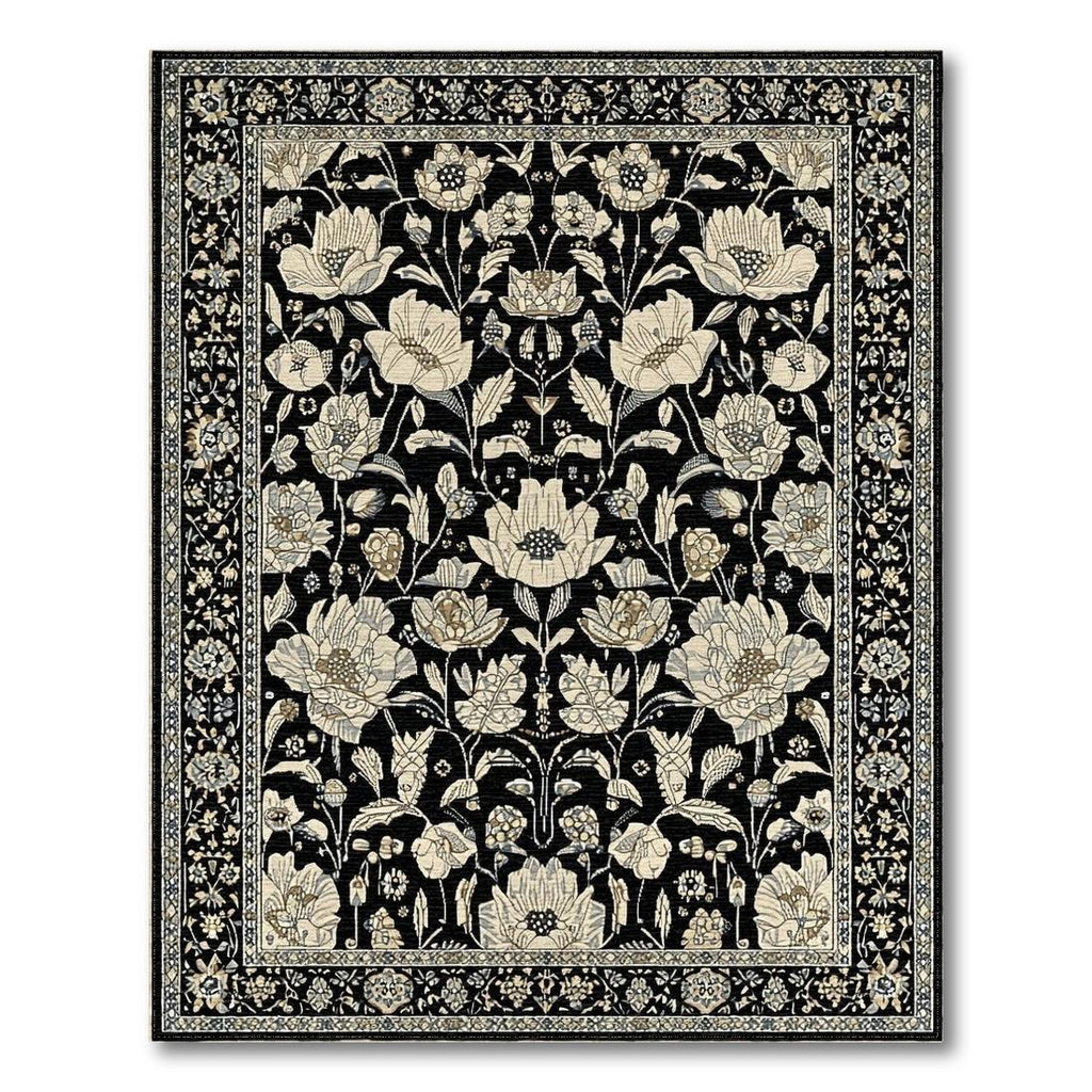 Black Floral Elegant Rug(Black)