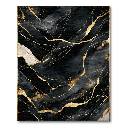 Black Gold Abstract Fluid Elegant Rug(Black)