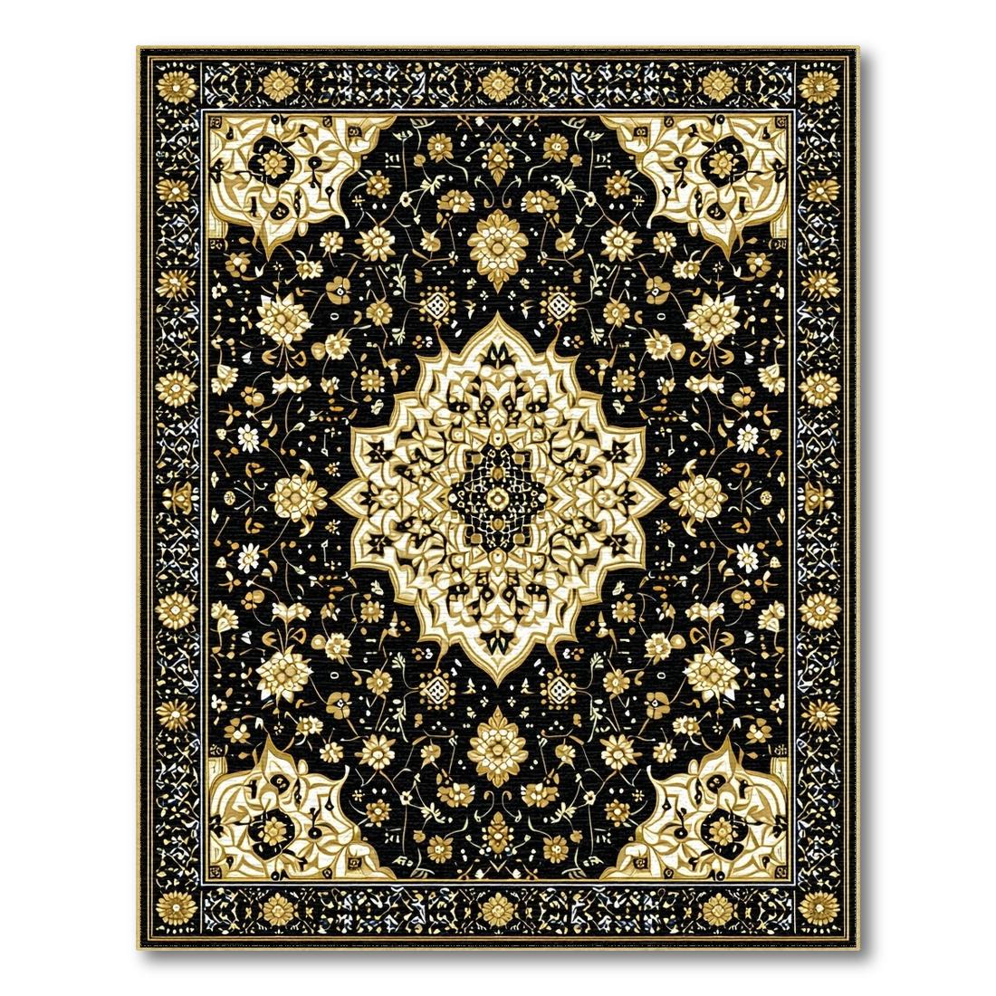 Black & Gold Ornate Elegant Rug(Black)