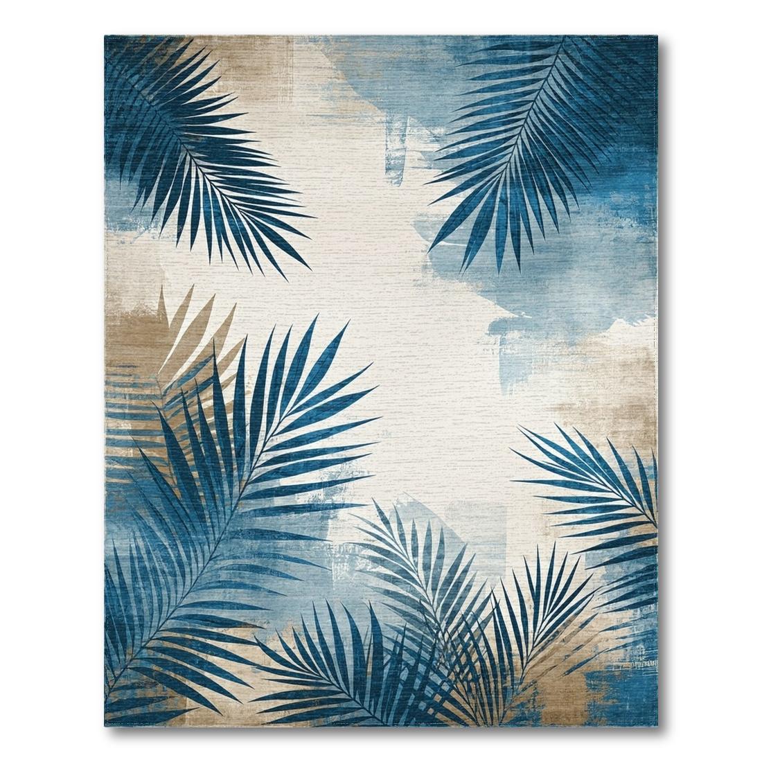Blue Coastal Palm Leaf Rug