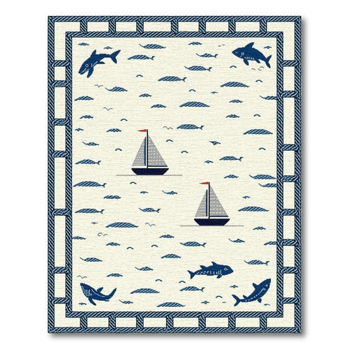 Blue Cream Nautical Playful Rug(Beige)