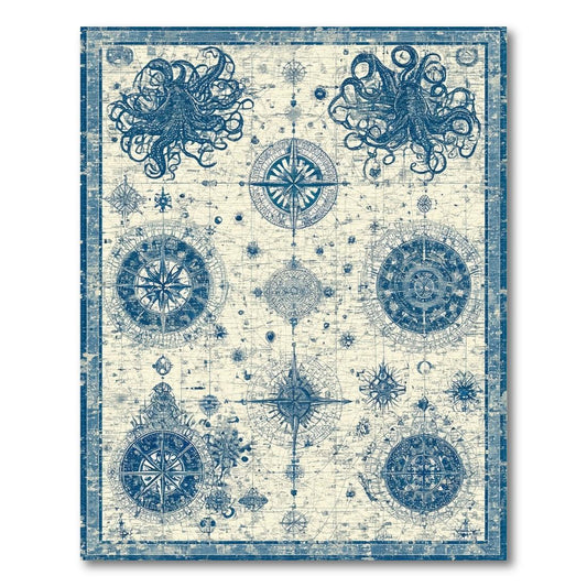 Blue Vintage Nautical Adventure Rug(Blue)