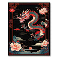 Bold Red-Black Dragon Floral Rug(Black)