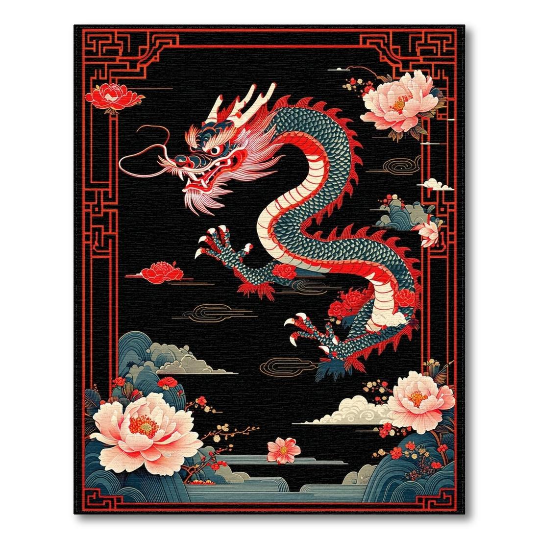 Bold Red-Black Dragon Floral Rug(Black)