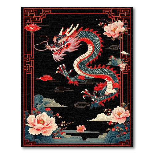 Bold Red-Black Dragon Floral Rug(Black)