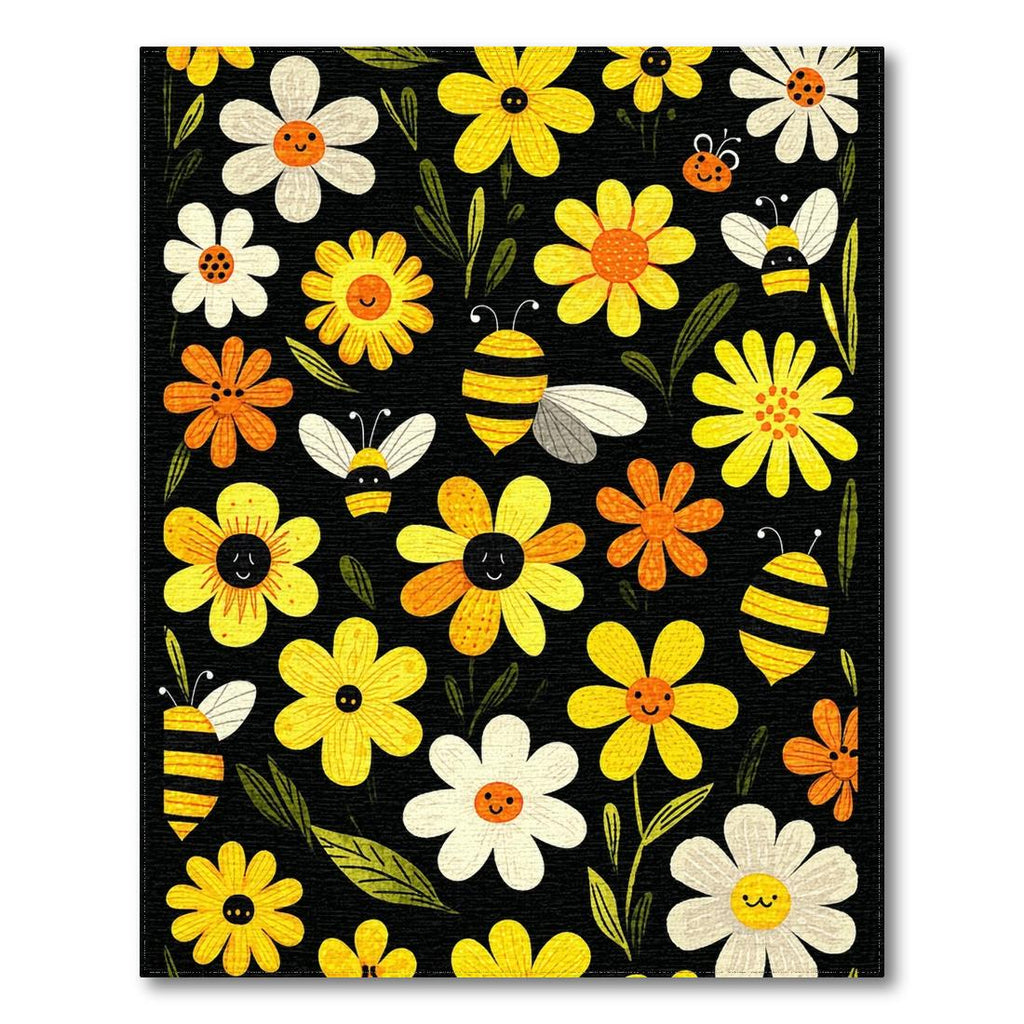 Cheerful Black Floral Bee Rug(Yellow)