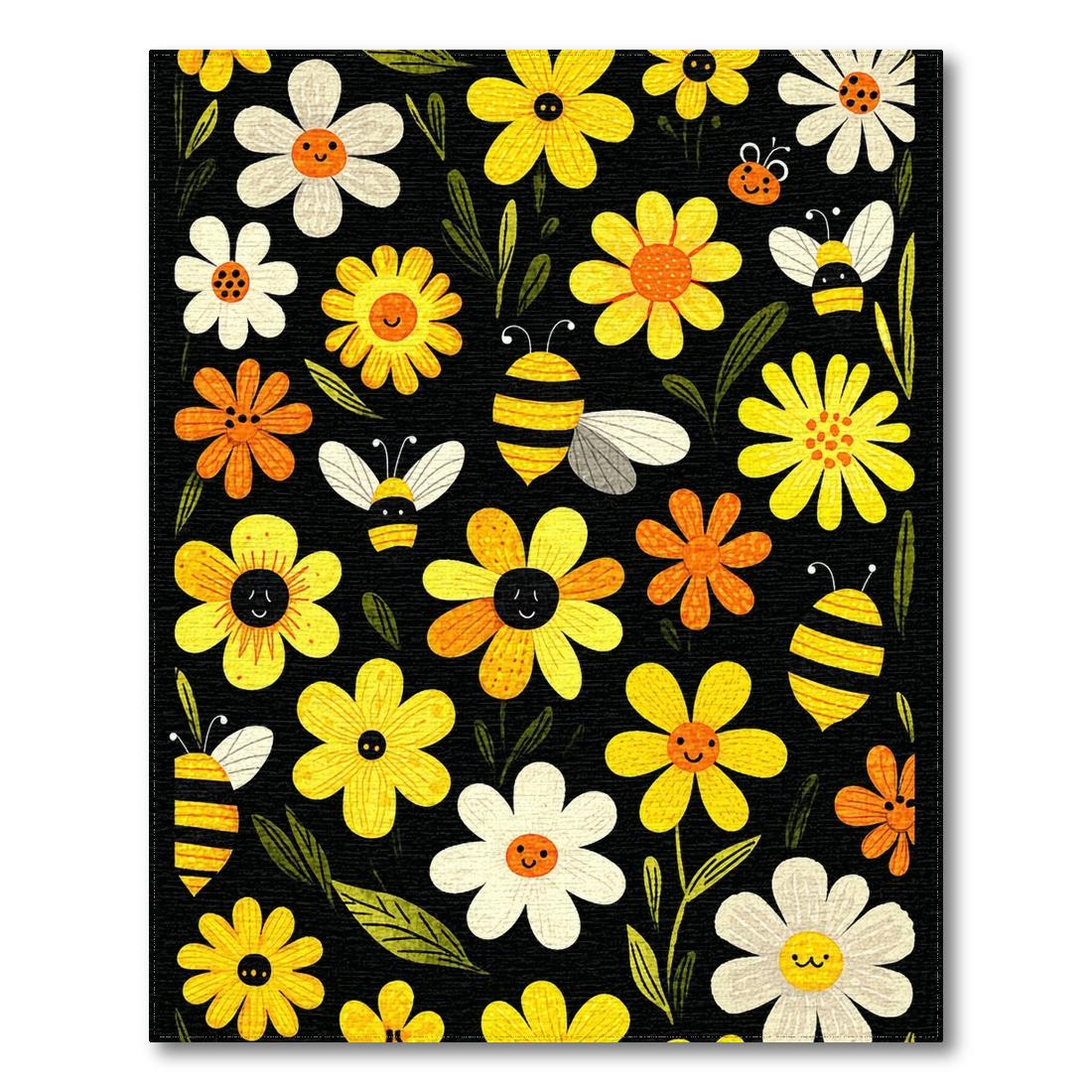 Cheerful Black Floral Bee Rug(Yellow)