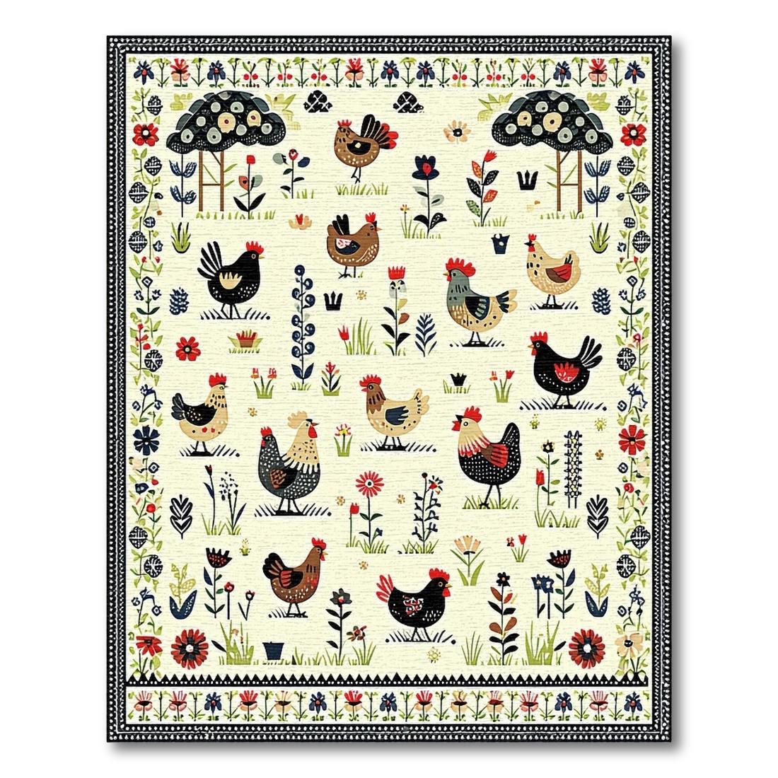 Cheerful Cream Chicken Floral Rug(Ivory)