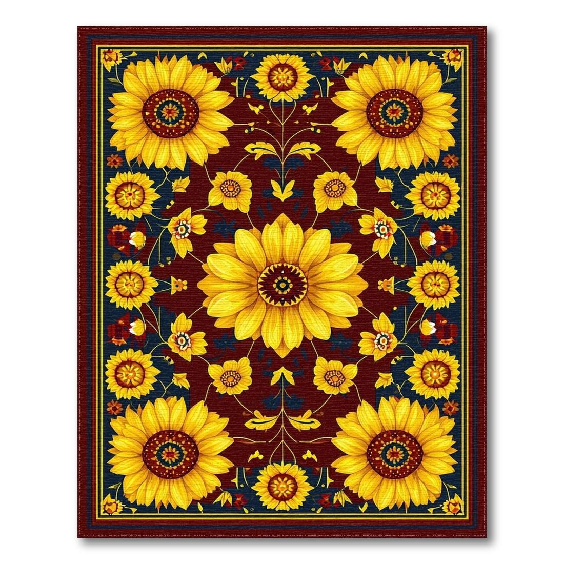 Cheerful Sunflower Floral Burgundy Rug(Yellow)