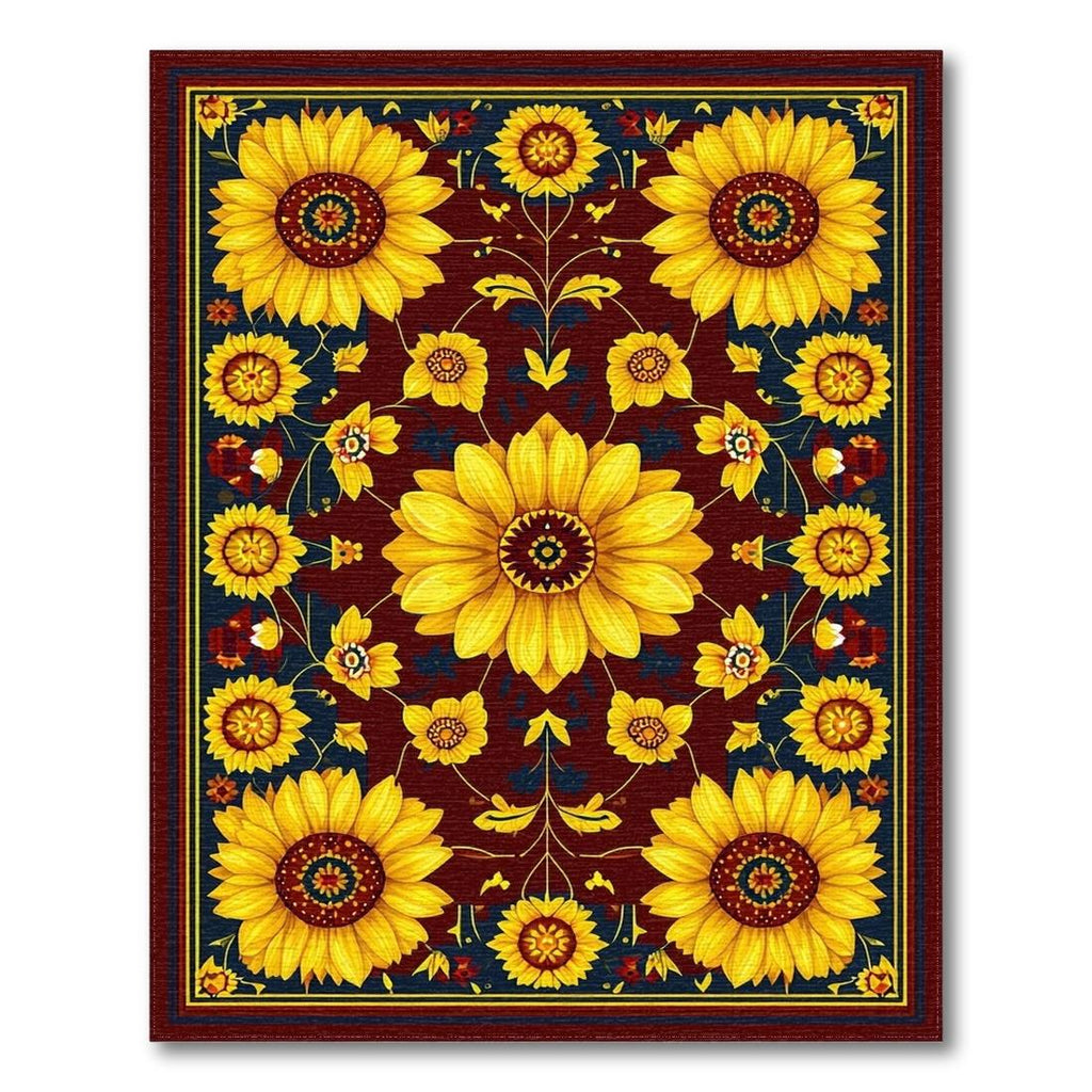 Cheerful Sunflower Floral Burgundy Rug(Yellow)