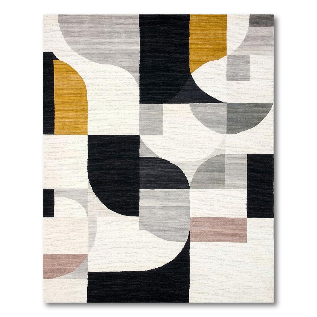 Contemporary Geometric Black White Gray Mustard Rug
