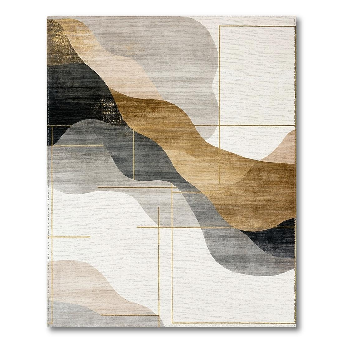 Contemporary Gold Gray Wavy Geometric Rug