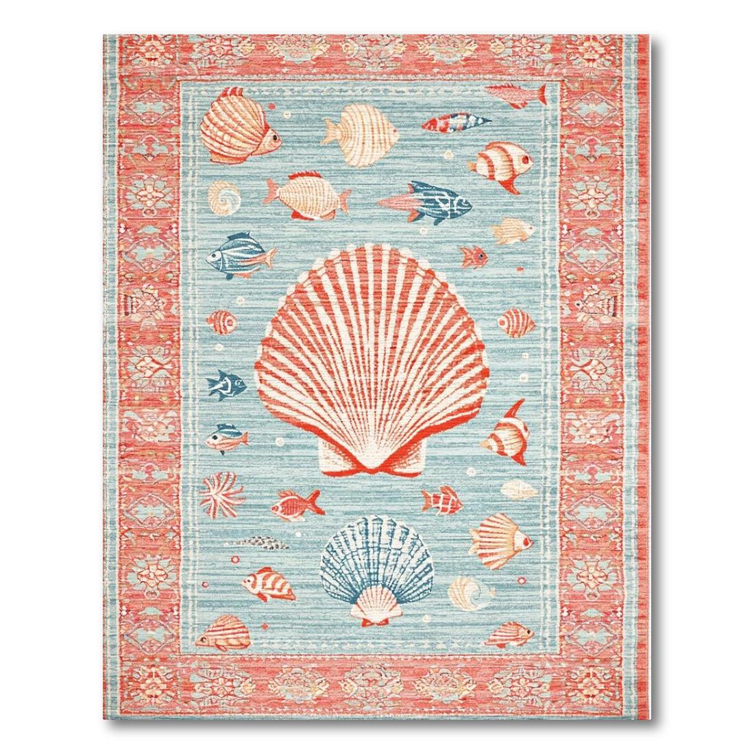 Coral & Blue Coastal Marine Life Rug(Red)