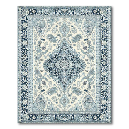 Cream & Blue Ornate Medallion Calm Rug(Ivory)