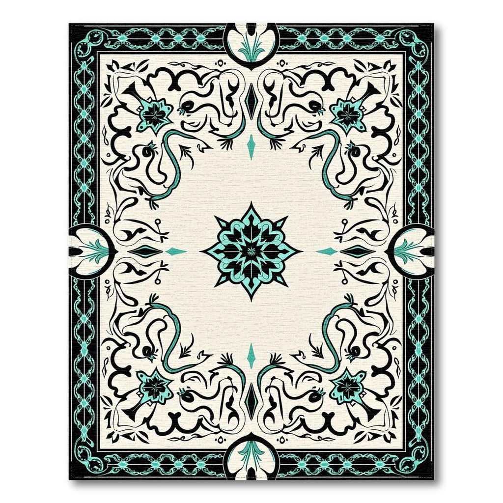 Cream Teal Black Ornate Elegant Rug(Ivory)