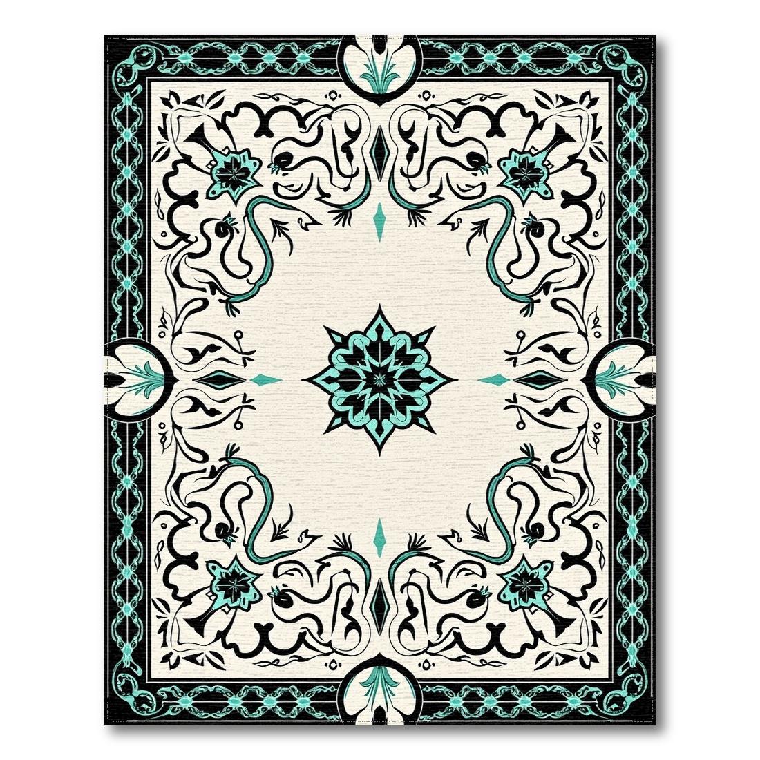 Cream Teal Black Ornate Elegant Rug(Ivory)