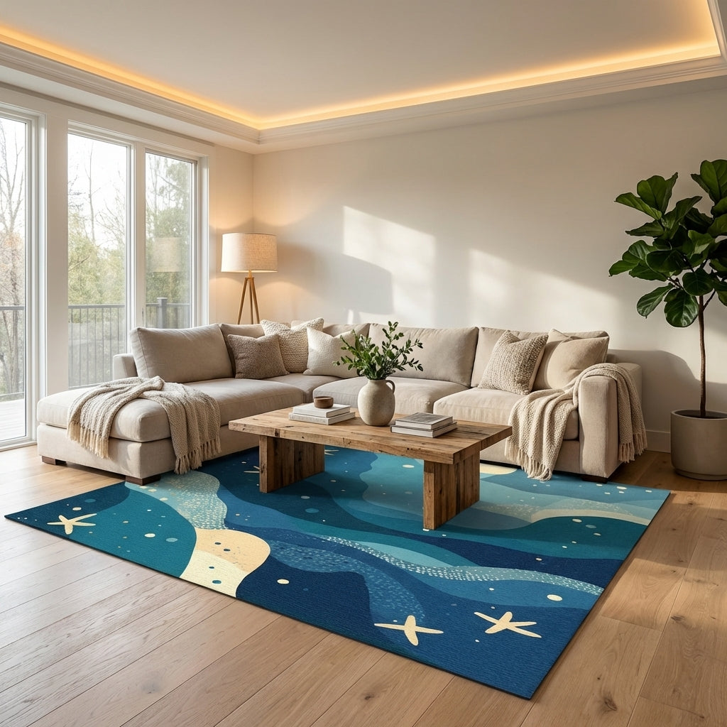 Whimsical Navy Blue Coastal Starfish Area Rug - Dreamy Nursery & Playroom