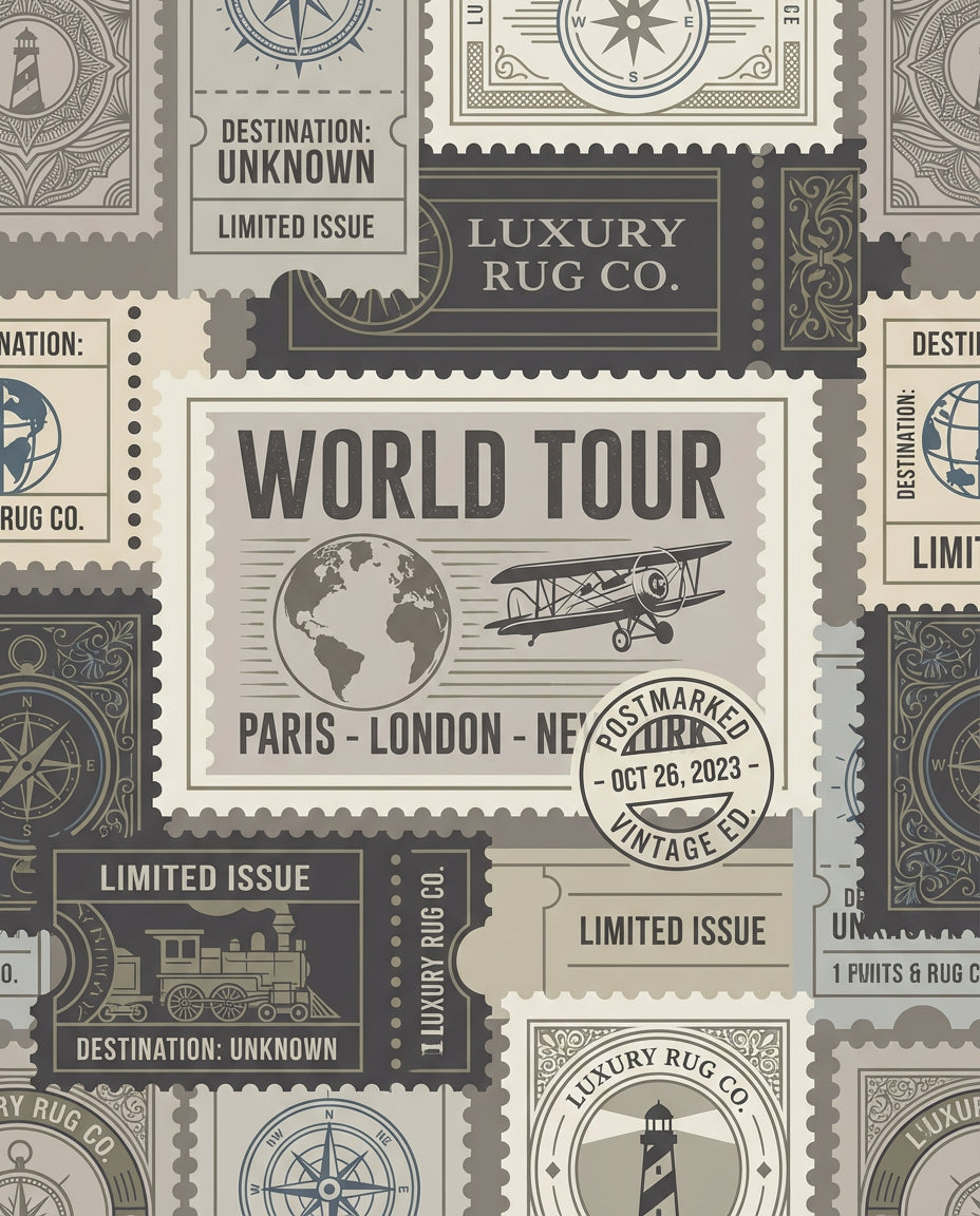 Vintage Travel Stamp Airplane Globe Rug