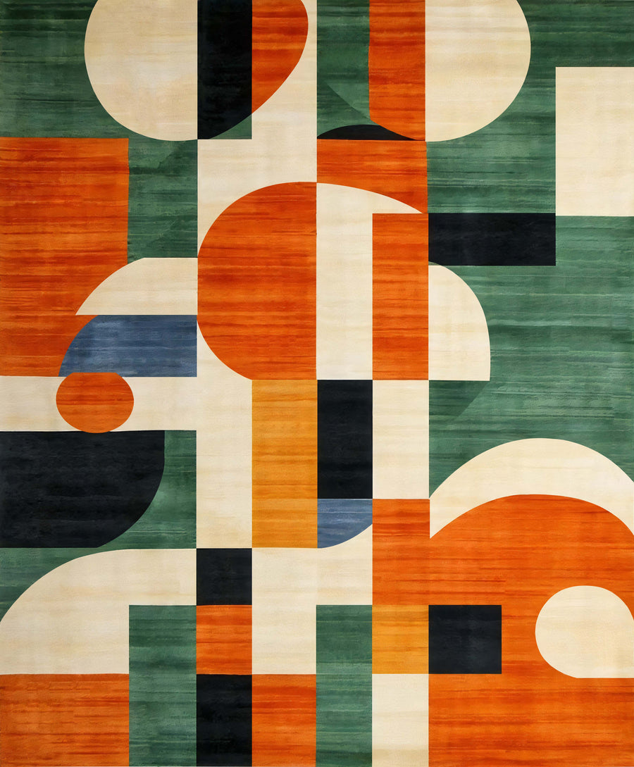 Vibrant Orange Green Geometric Rug