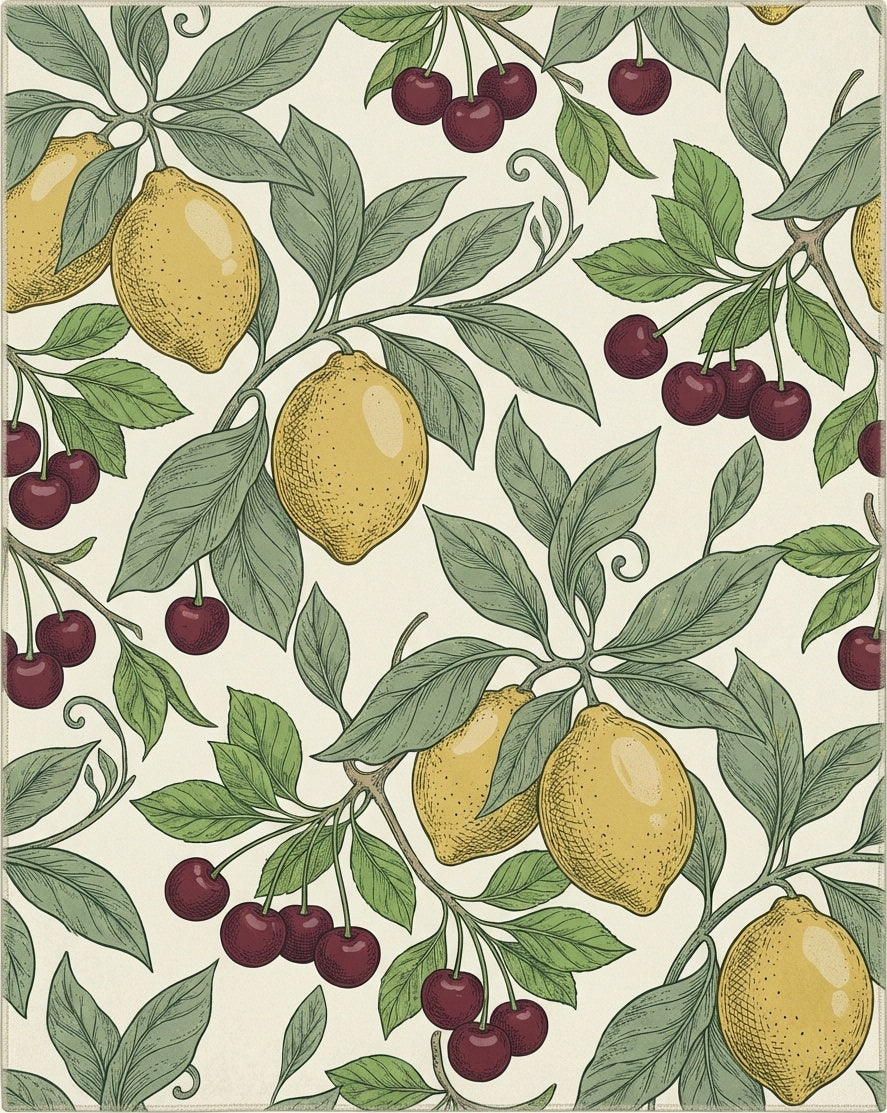 Yellow Lemon Cherry Leaf Branch Rug