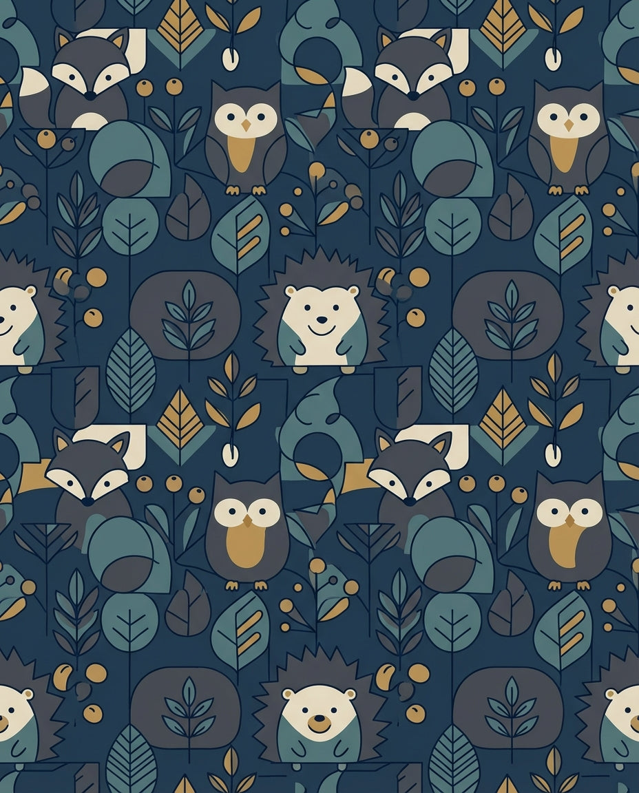 Woodland Creatures Navy Forest Scene Rug