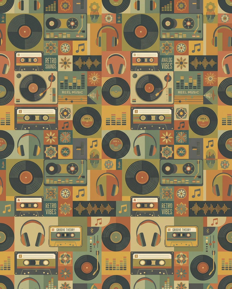 Retro Music Cassette Vinyl Headphone Collage Rug