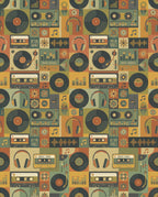 Retro Music Cassette Vinyl Headphone Collage Rug