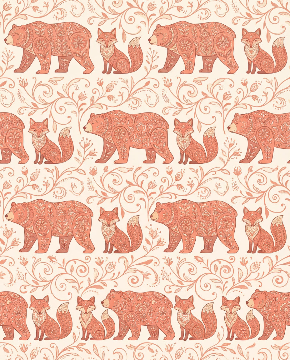 Salmon Folk Art Bear Fox Vine Repeat Rug
