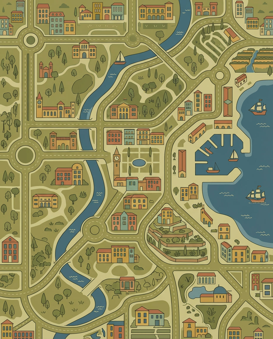 Whimsical Cityscape Map Buildings Rug