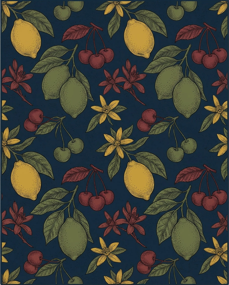 Vintage Lemon Cherry Botanical Garden Rug
