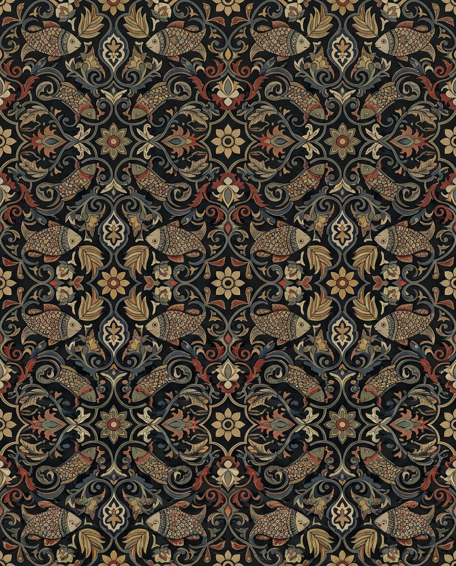Dark Floral Fish Medallion Rug