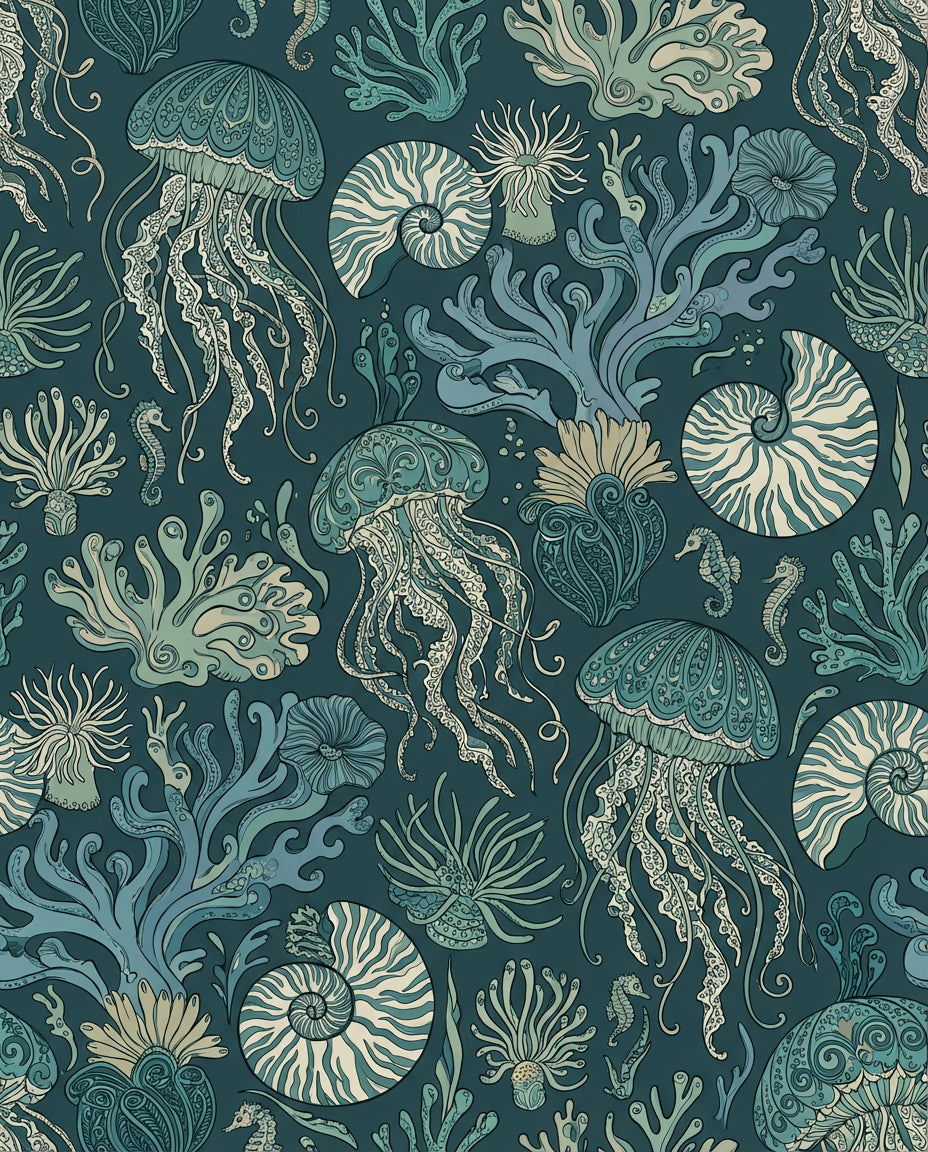Oceanic Jellyfish Coral Nautilus Seascape Rug