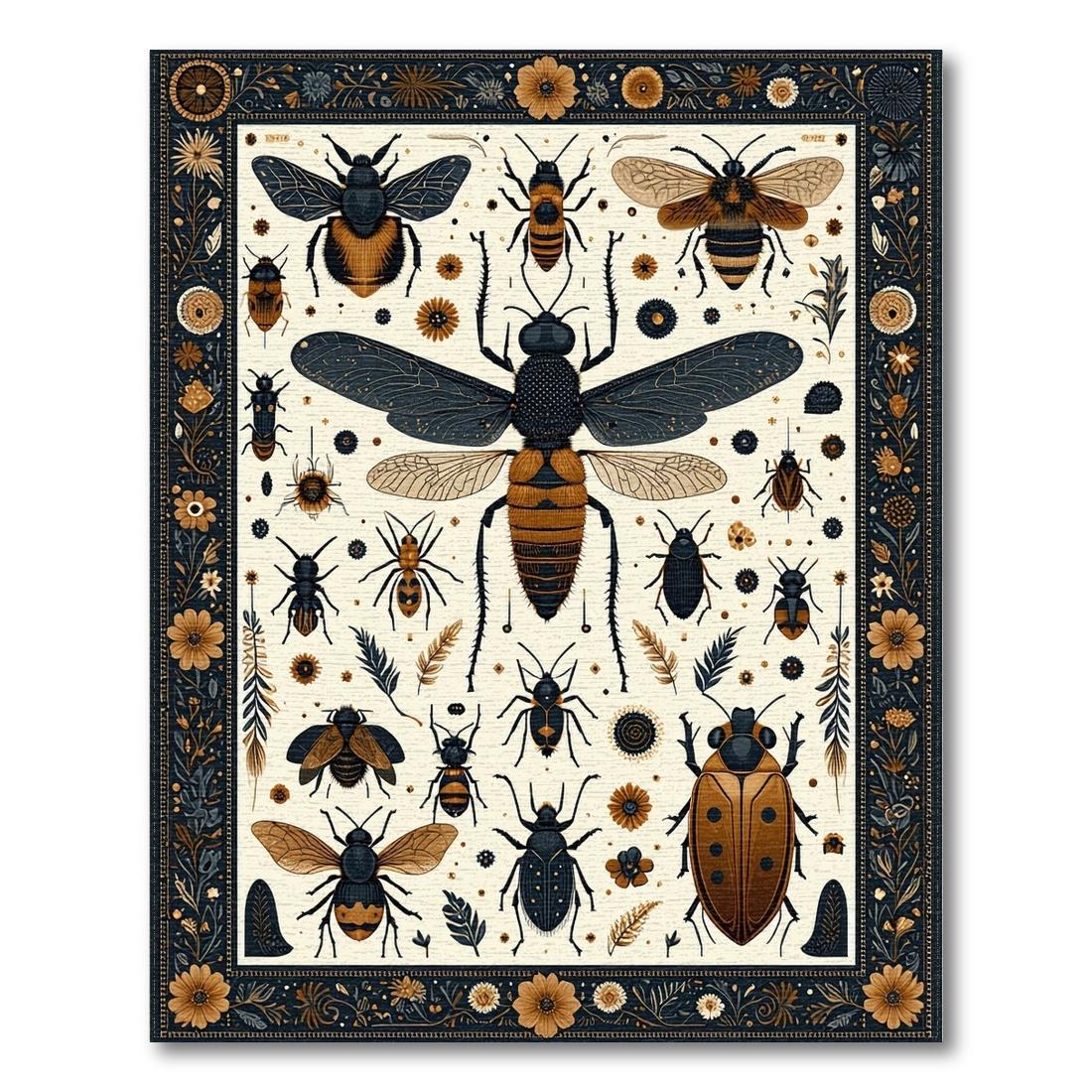 Earthy Insect Floral Whimsical Rug(Gold)