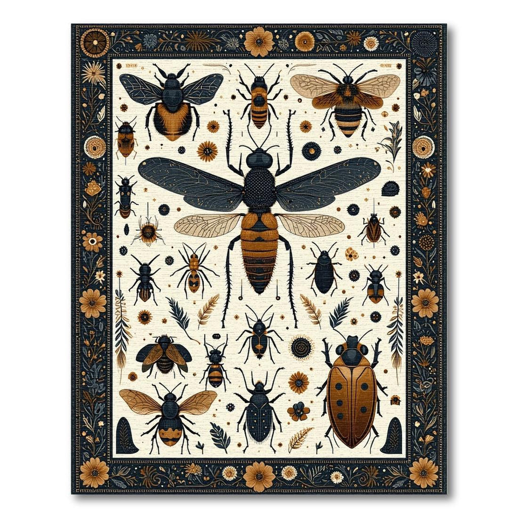 Earthy Insect Floral Whimsical Rug(Gold)