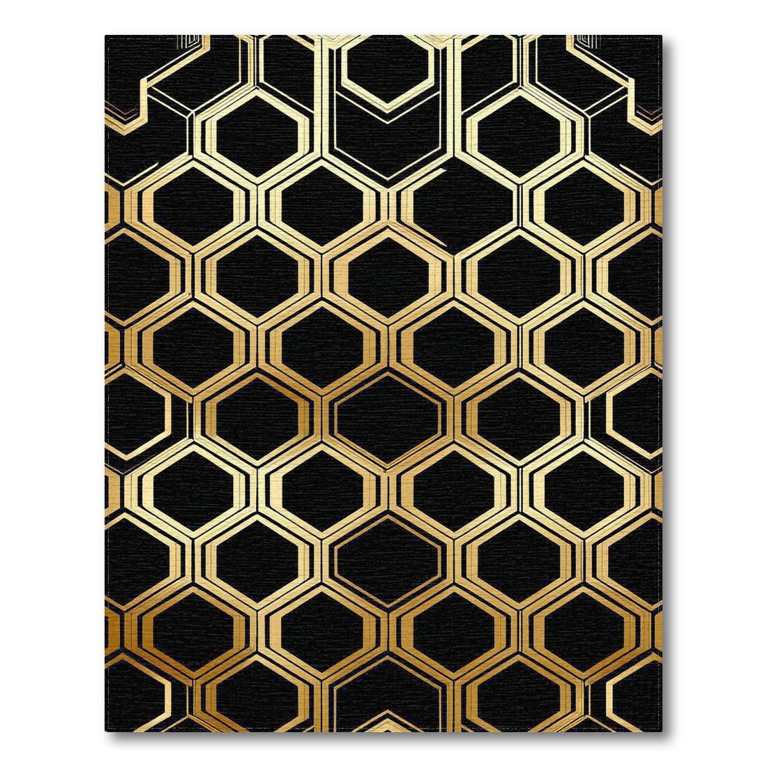 Elegant Black & Gold Hexagonal Rug(Gold)